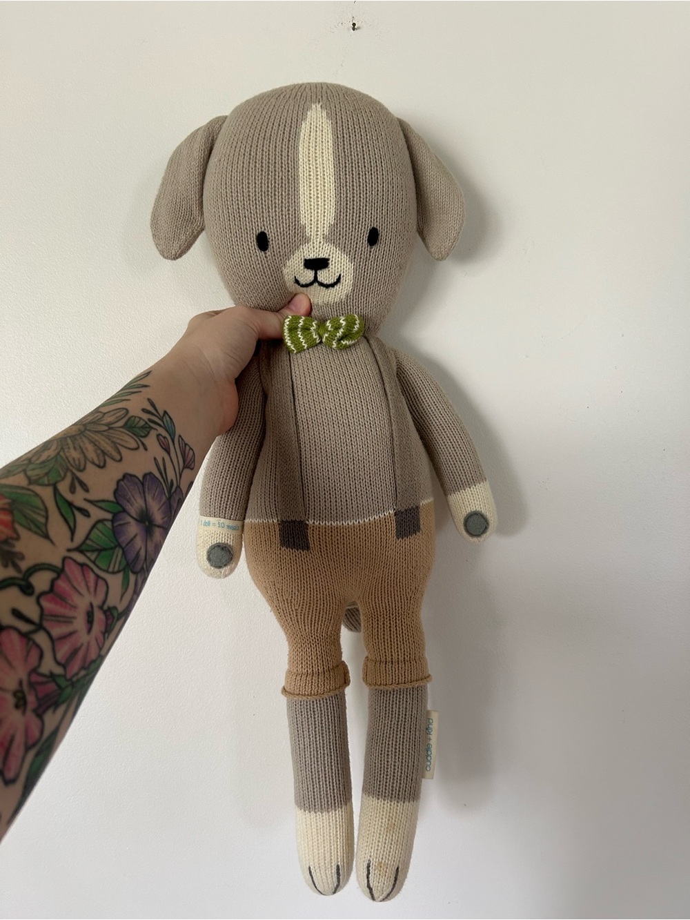 Cuddle + Kind Noah The Dog Puppy Gray Knit Plush Stuffed Animal Toy Green Bowtie